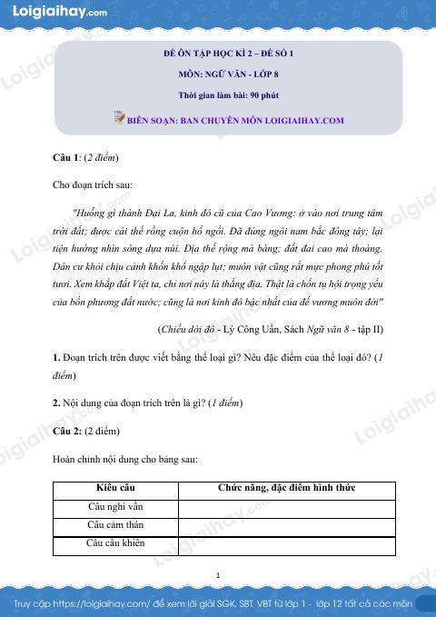 Đề ôn tập học kì 2 Văn 8 - Đề số 1